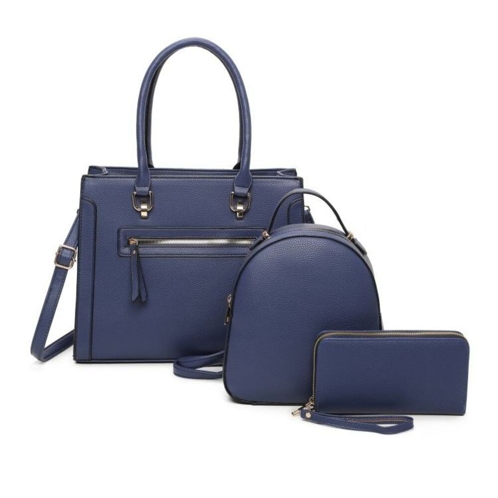 Women's Blue Tote Backpack Set Medium Travel Bag Purse with Matching Wallet